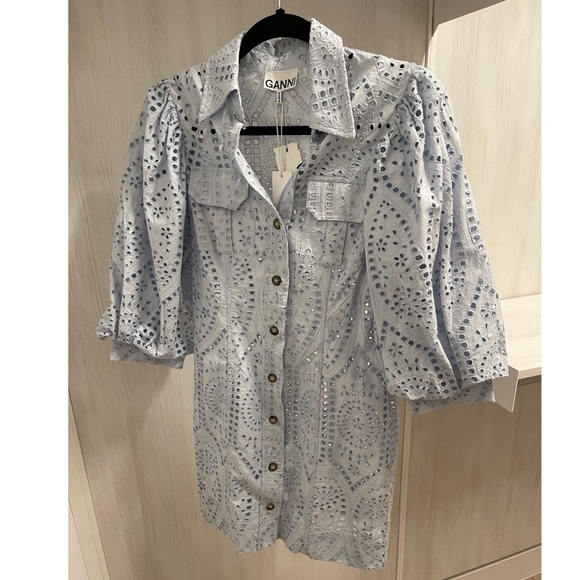 Ganni NWT Balloon-Sleeve Broderie Anglaise Mini Shirt Dress (Size 34) - Picture 7 of 8